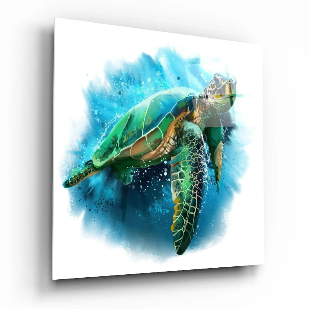 Vibrant green sea turtle watercolor on glass wall art