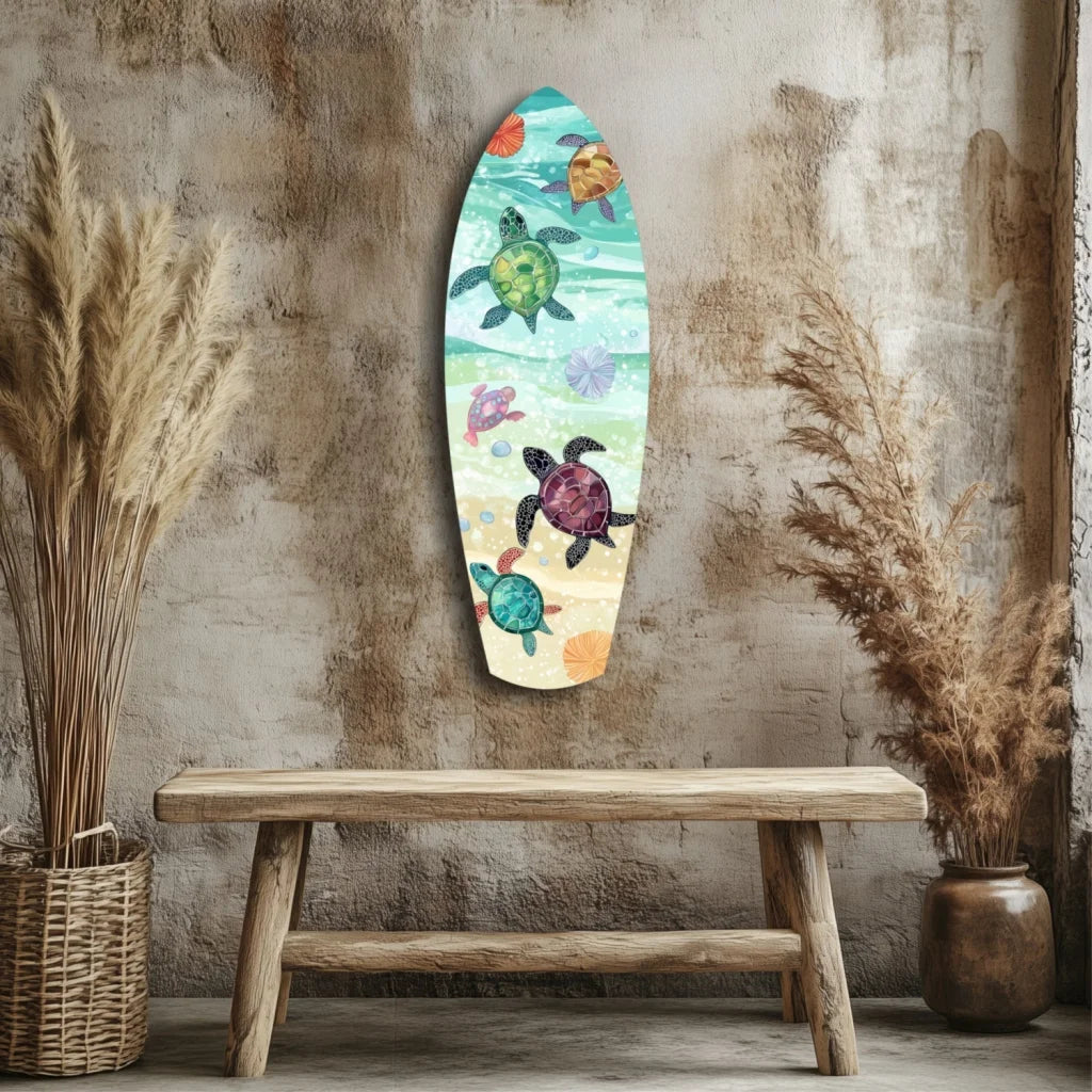Colorful tempered glass art of surfboard with sea turtles for ocean lovers