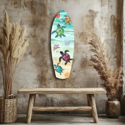 Colorful tempered glass art of surfboard with sea turtles for ocean lovers
