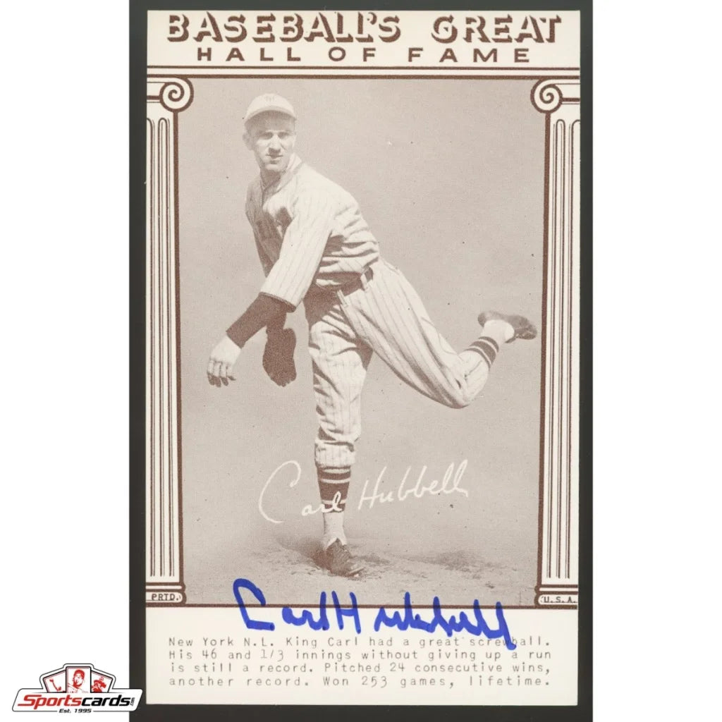 Vintage Carl Hubbell reprint exhibit card with autographed pitcher in action