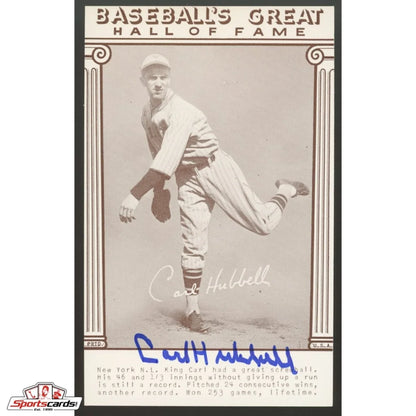 Vintage Carl Hubbell reprint exhibit card with autographed pitcher in action