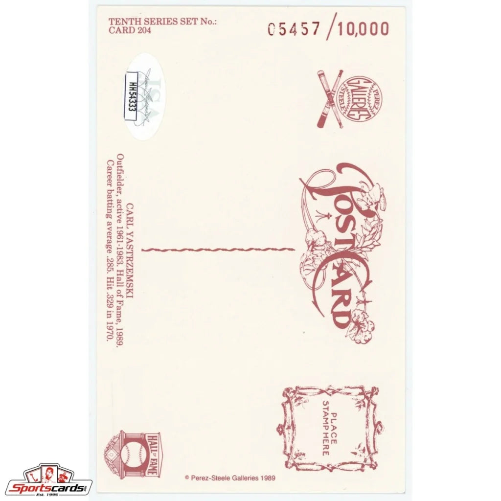 Carl Yastrzemski signed Perez Steele card with vintage crossbow postcard