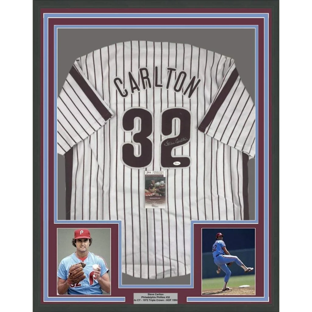 Carlton autographed baseball jersey with pinstripes on a white background ready to hang