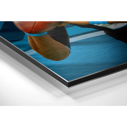 Blue orange basketball action print on brushed aluminium dibond panel