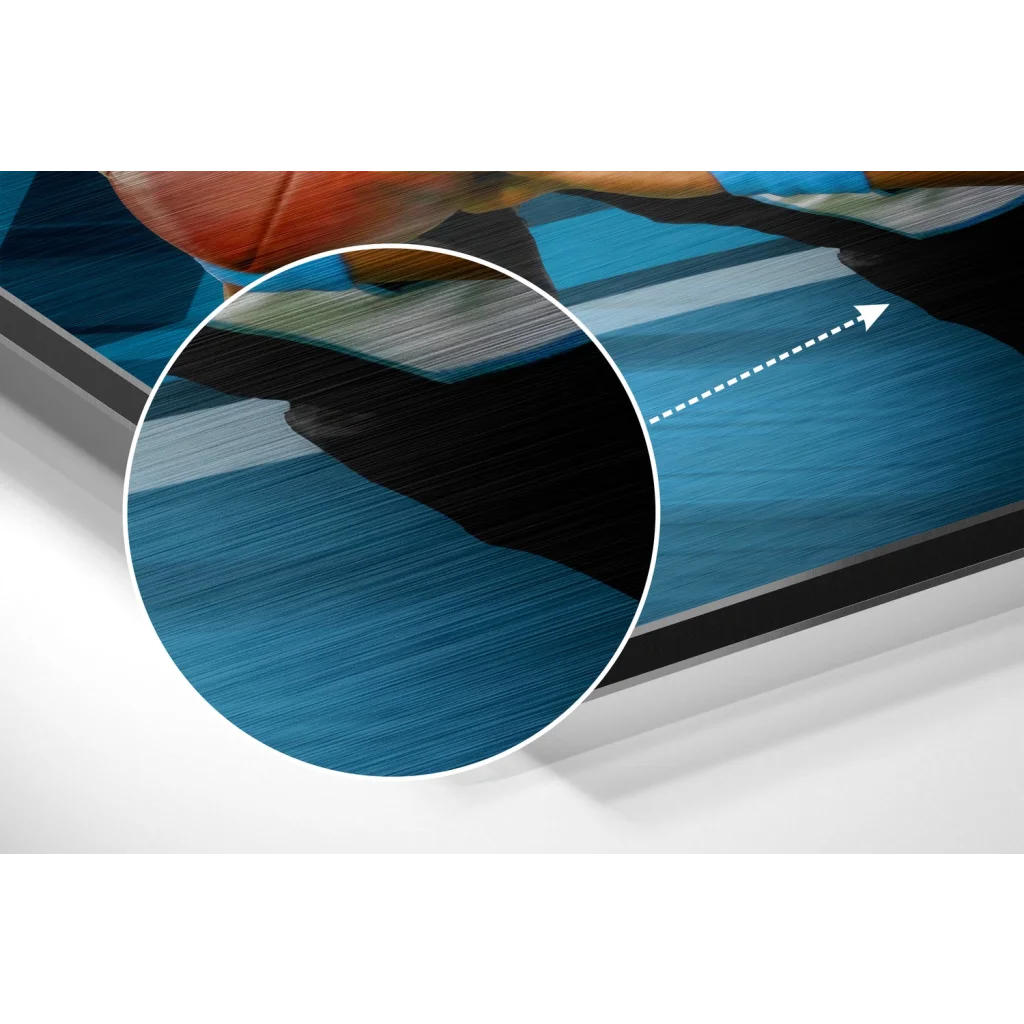 Blue textured surface with black shadow on brushed aluminium dibond panel