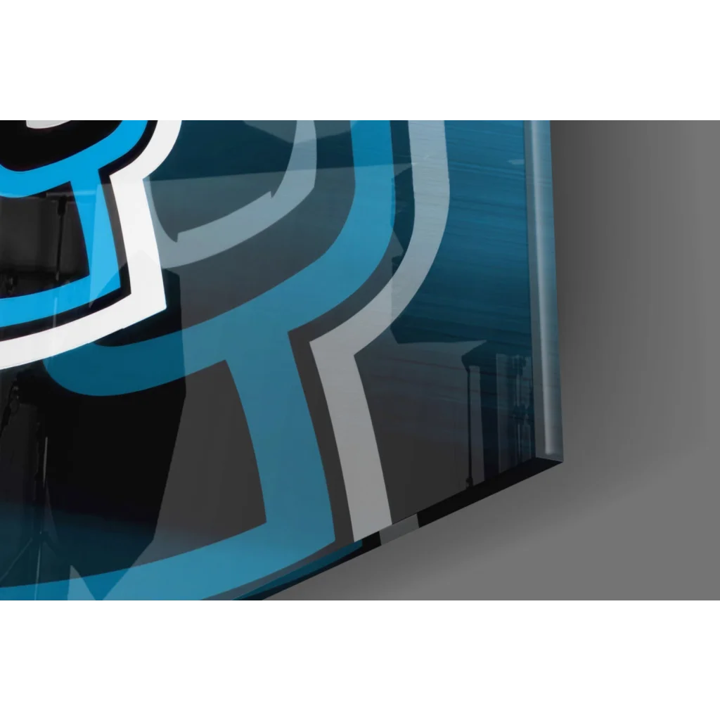 Carolina Panthers QB glass wall art with blue white geometric patterns