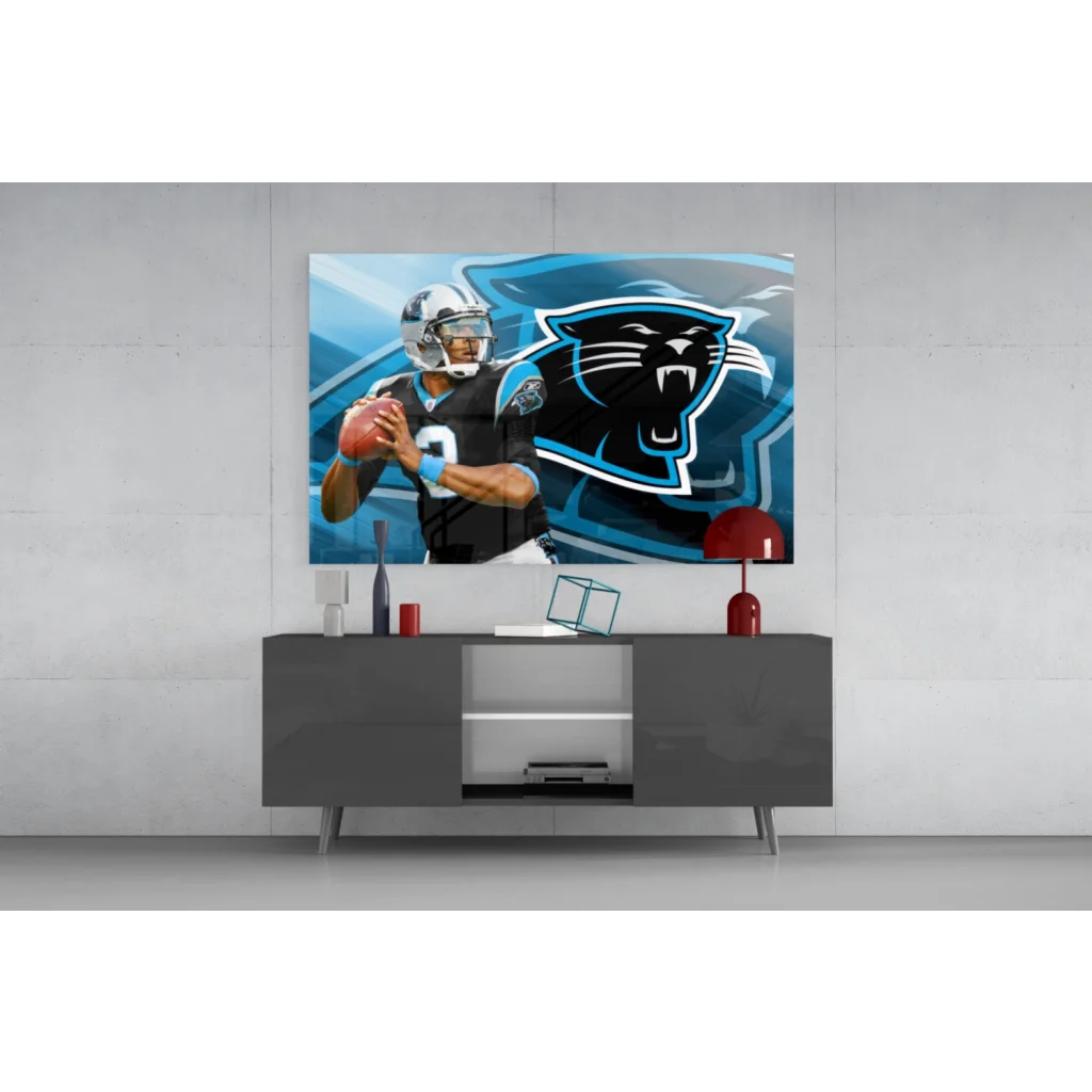 Carolina Panthers QB glass wall art canvas print with roaring panther logo