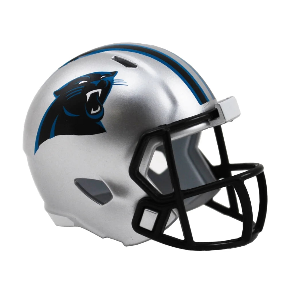 Carolina Panthers Riddell Speed Pocket Pro mini helmet with silver design and black blue panther logo