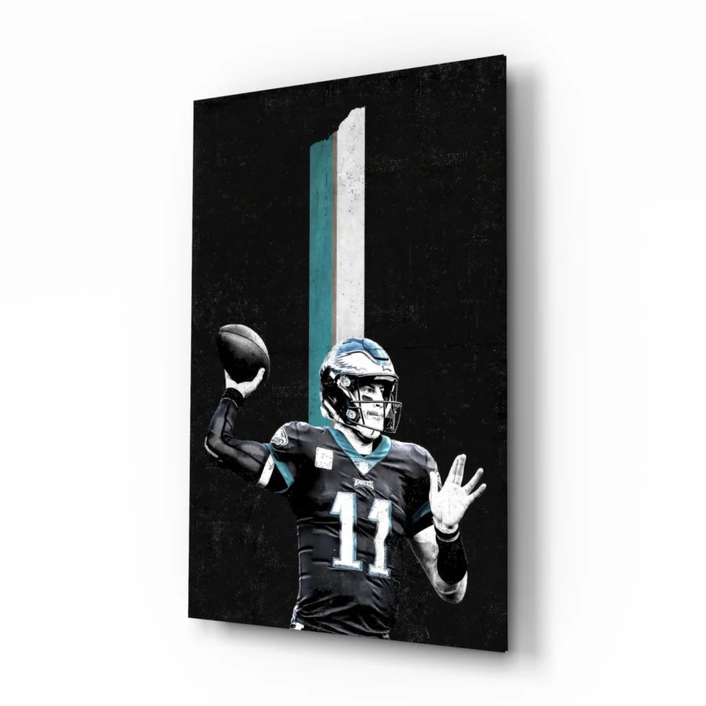 Philadelphia Eagles QB number 11 throwing pose glass wall art canvas print