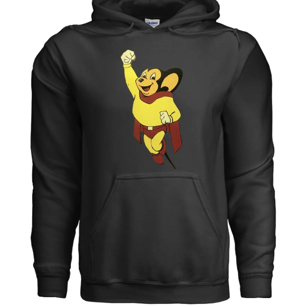 Black youth hoodie with cartoon lion, red cape, yellow mane in heather gray