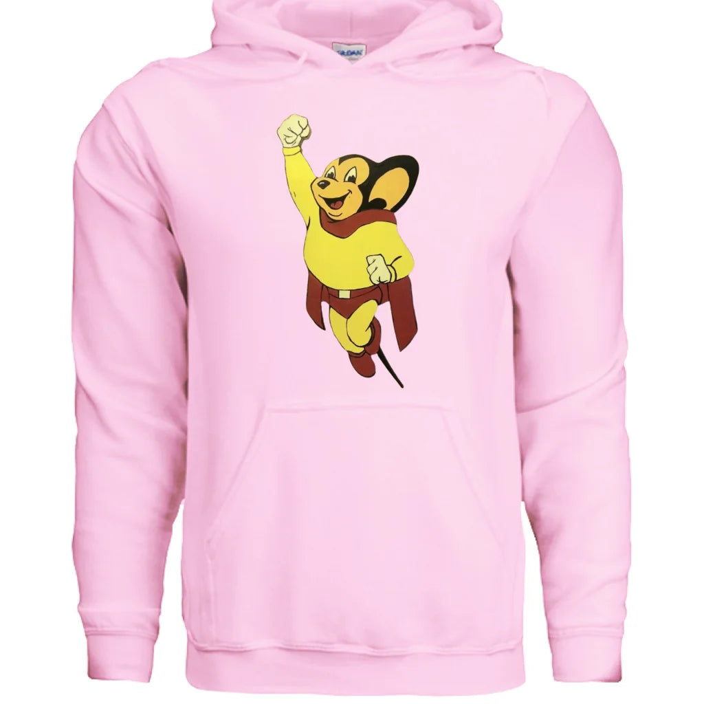 Pink cartoon monkey hoodie in heather gray with yellow brown accents