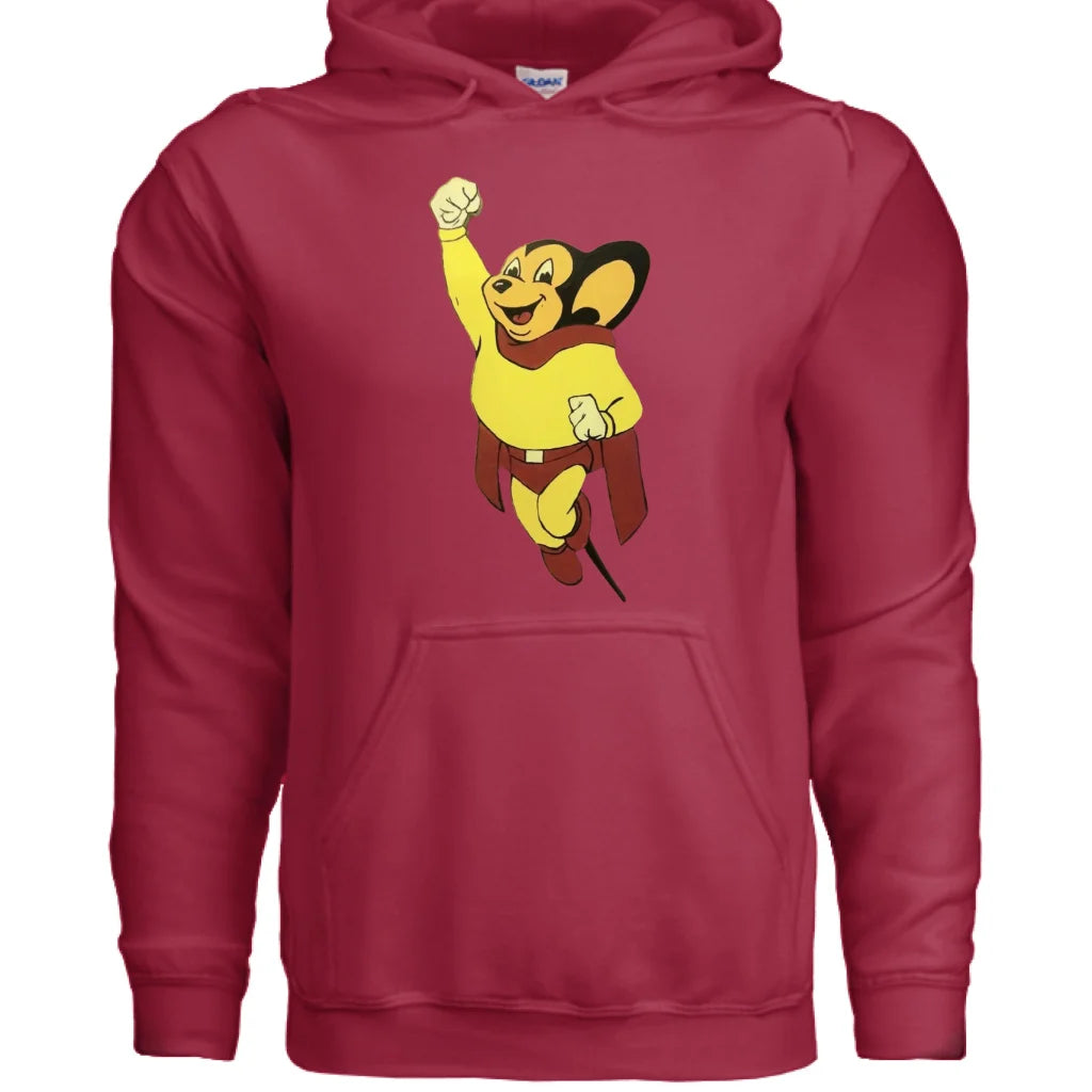 Red Gildan hoodie with cartoon monkey graphic on front in heather gray