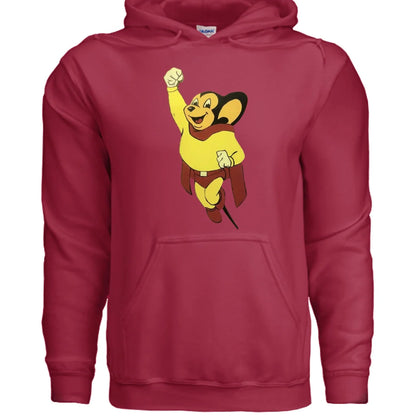 Red Gildan hoodie with cartoon monkey graphic on front in heather gray
