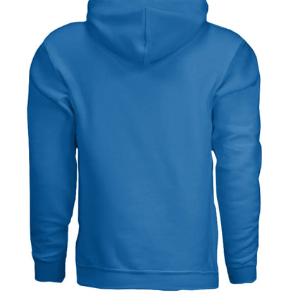 Cozy royal blue fleece hoodie with hood, drawstrings, and cartoon monkey graphic