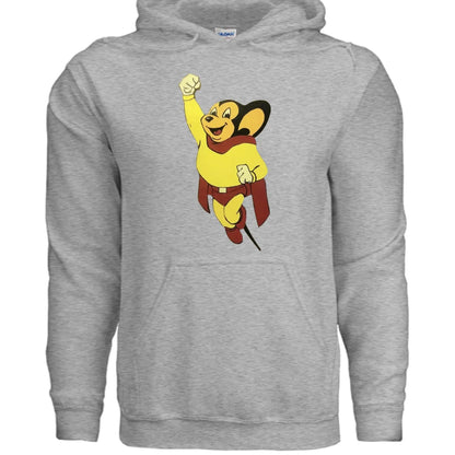 Heather gray Gildan hoodie with cartoon mouse graphic in yellow and red