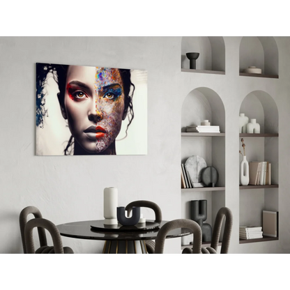 Split face abstract wall art print with vibrant paint splatters