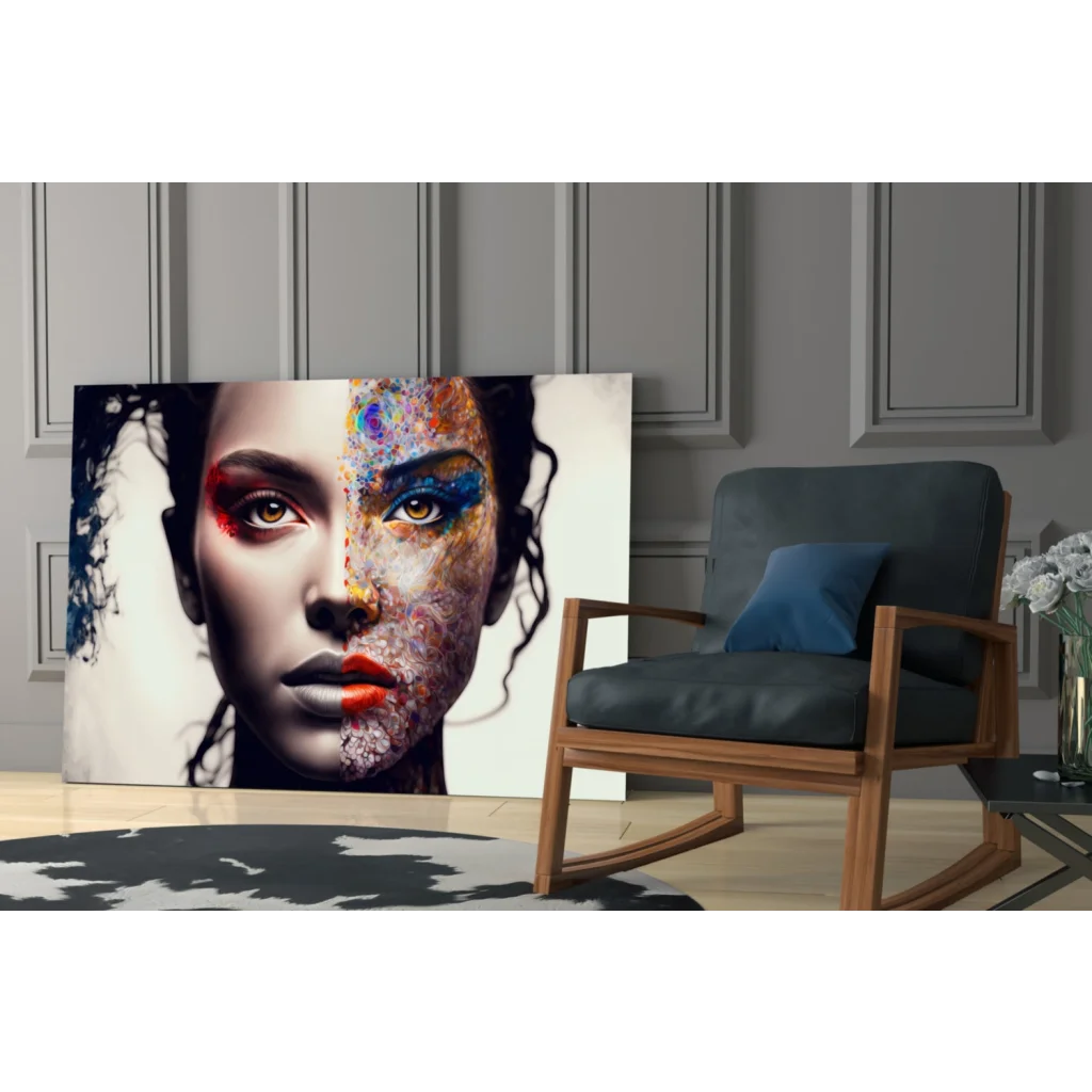 Split face abstract canvas wall art print with vibrant colors