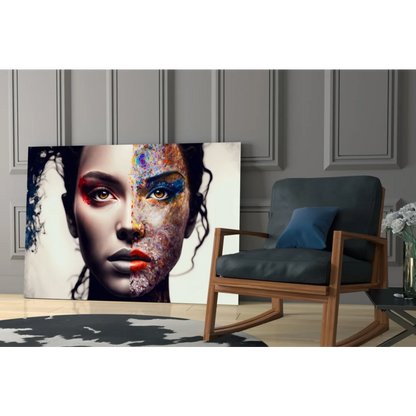 Split face abstract canvas wall art print with vibrant colors