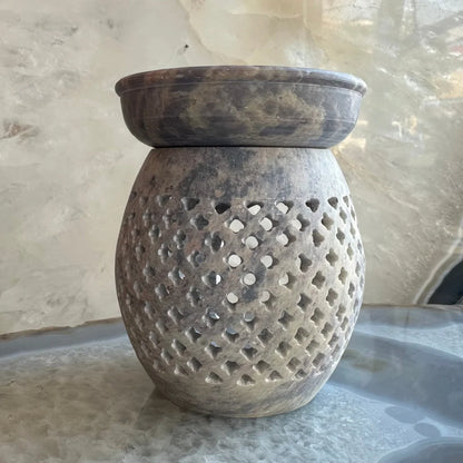 Rustic carved soapstone essential oil burner with lattice design