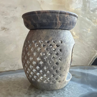 Carved soapstone essential oil burner with lattice design