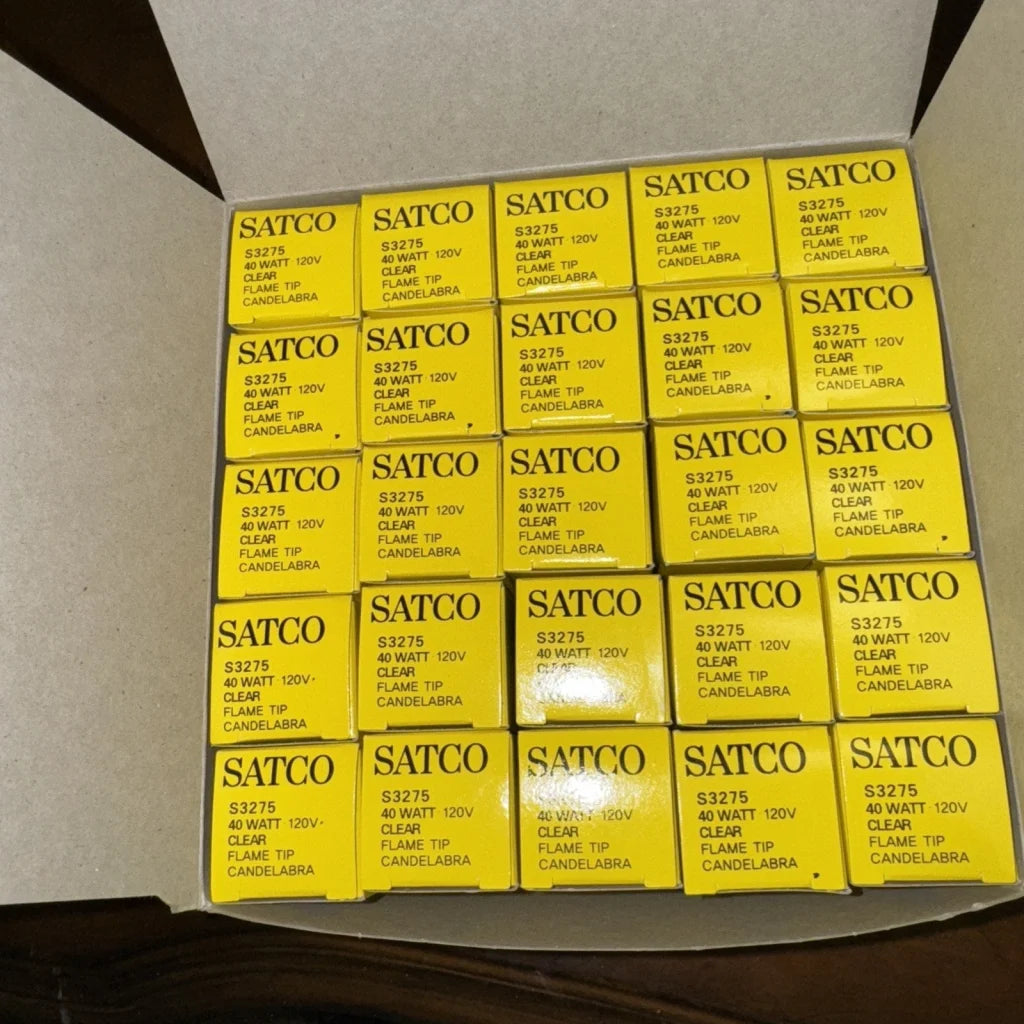 Case of 25 Satco S3275 40W replacement bulbs, clear flame tip