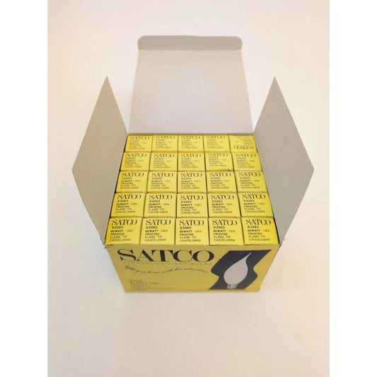 Satco S3263 60W frosted flame tip candelabra bulbs in yellow box