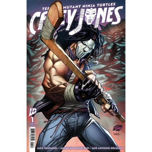 A muscular masked ninja warrior in dark blue gi and purple sash holds a wooden staff in casey jones teenage mutant ninja variant cover