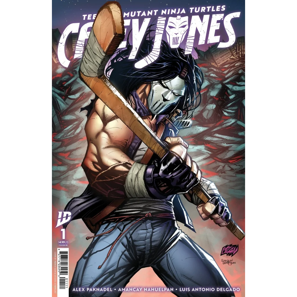 Comic book cover of Casey Jones from Teenage Mutant Ninja Turtles holding a hockey stick