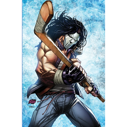 Casey Jones Teenage Mutant Ninja comic character with hockey mask and orange hockey stick