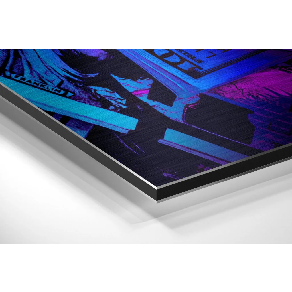 Vibrant Neon Cash Stack brushed aluminium dibond wall art in blue purple hues