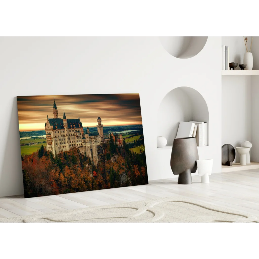 Neuschwanstein Castle Glass Wall Art Autumn Glow Print | Modern Wall Art Decor | vintageantiquesgifts.com