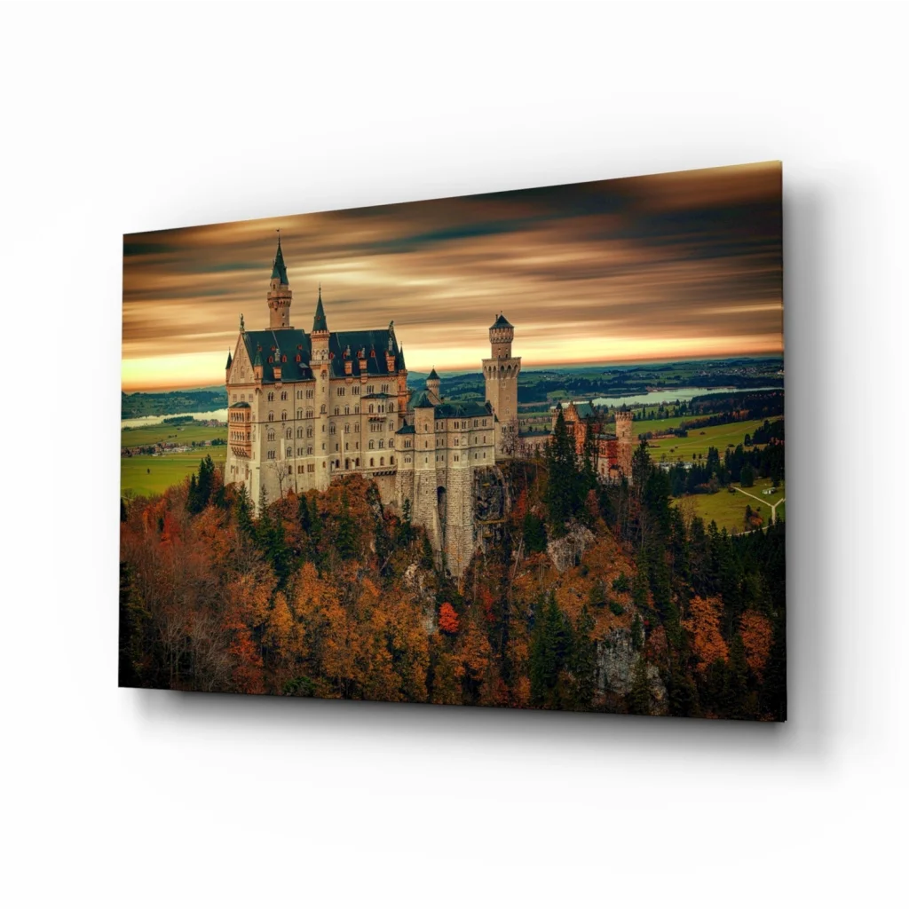 Neuschwanstein Castle Glass Wall Art Autumn Glow Print | Insigneart USA | vintageantiquesgifts.com