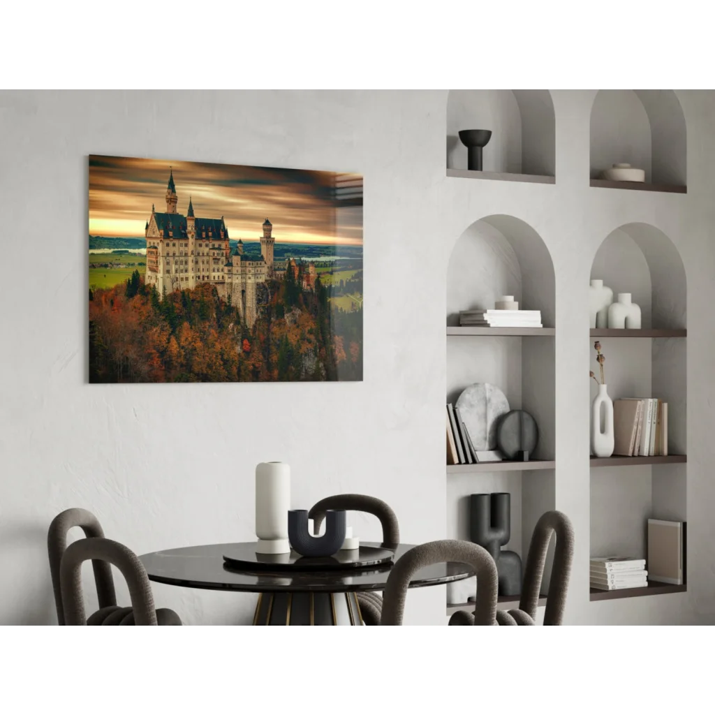 Neuschwanstein Castle glass wall art with autumn glow sunset hues