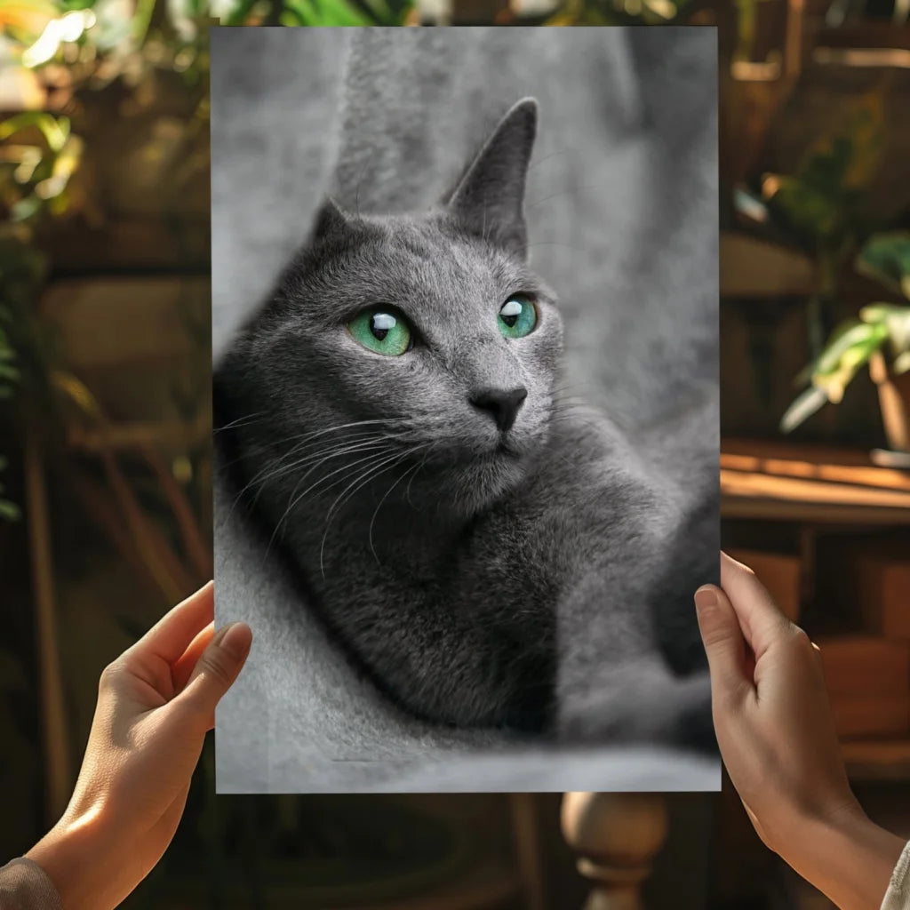 Striking black-and-white gray cat with green eyes on insigne aluminum prints