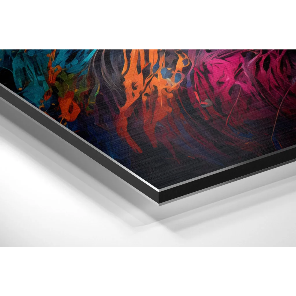 Vibrant abstract canvas print on brushed aluminium dibond in orange pink teal hues