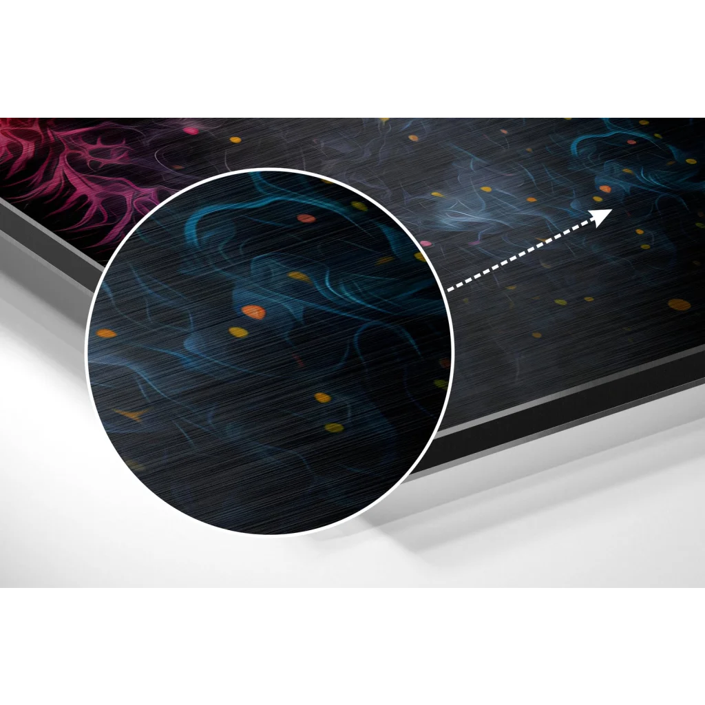 glass wall art Cosmic Cat on brushed aluminium dibond with glowing cosmic swirls