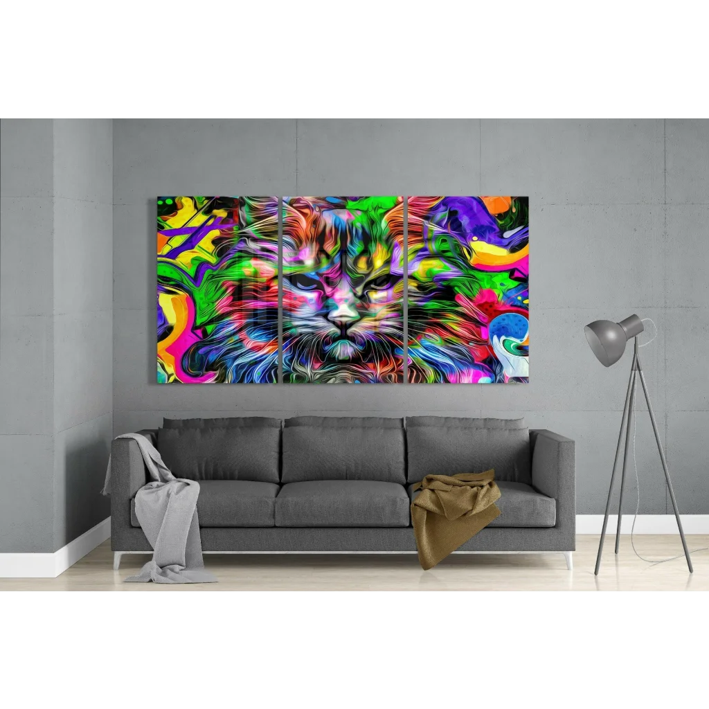 Neon Rainbow Cat Triptych Canvas Wall Art | Modern Wall Art Decor | vintageantiquesgifts.com