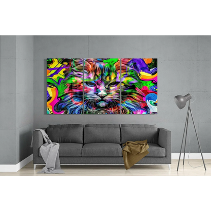 Neon Rainbow Cat Triptych Canvas Wall Art | Modern Wall Art Decor | vintageantiquesgifts.com