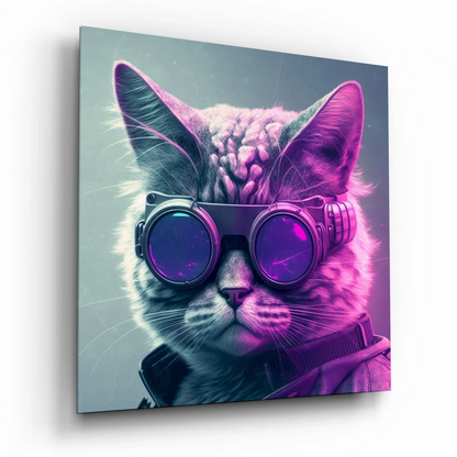 Cyberpunk tabby cat in neon purple glow on tempered glass art