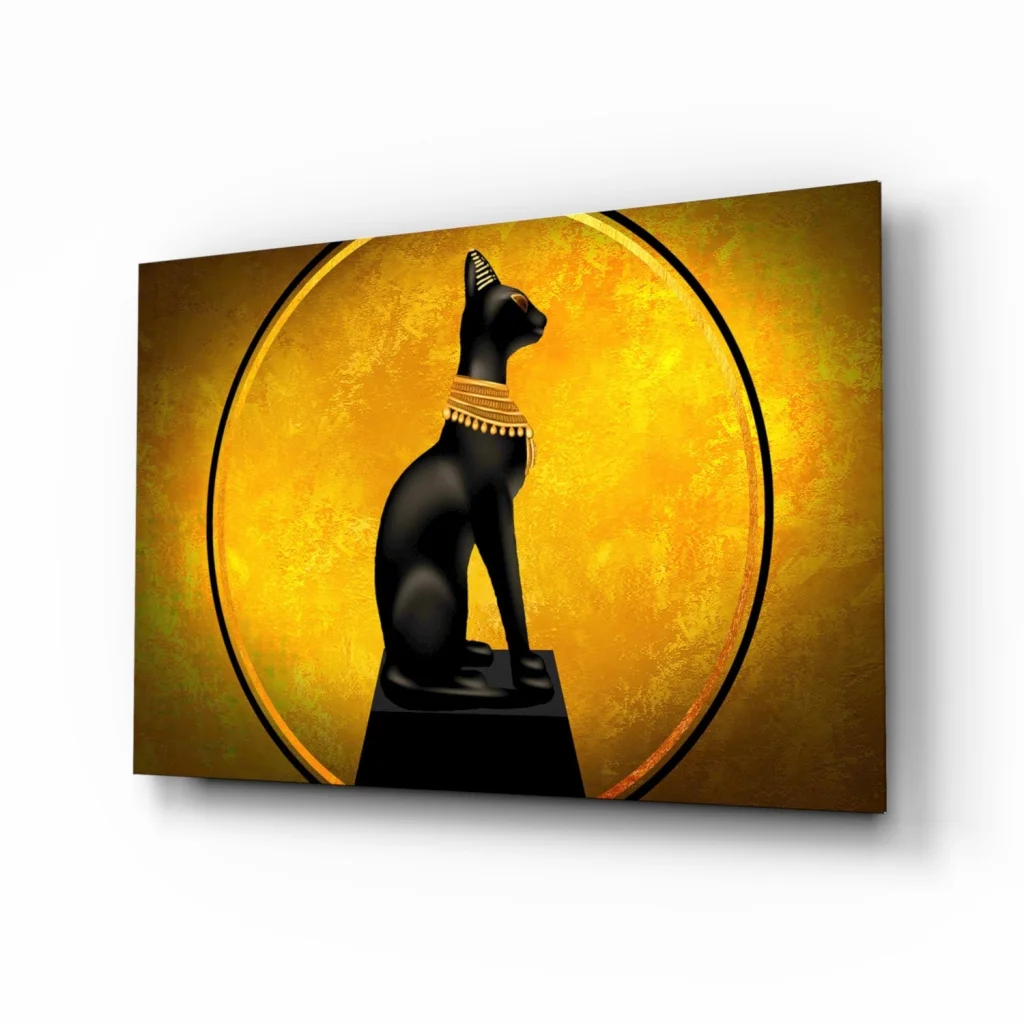 Stunning Egyptian Cat Glass Wall Art with Golden Halo | Insigneart USA | vintageantiquesgifts.com