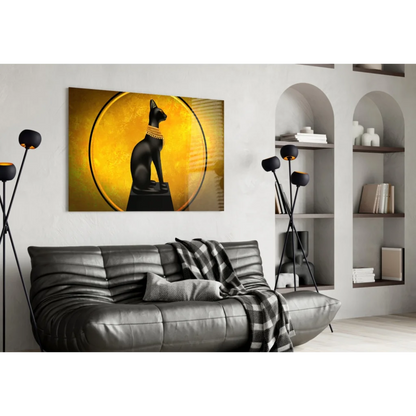 Stunning Egyptian Cat Glass Wall Art with Golden Halo | Contemporary Home Wall Art | vintageantiquesgifts.com