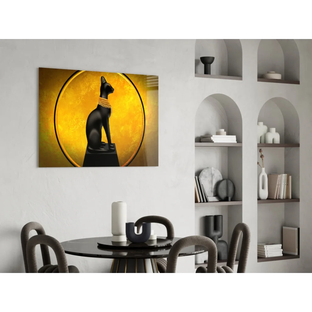 Stunning black Egyptian cat glass wall art with gold collar and golden halo