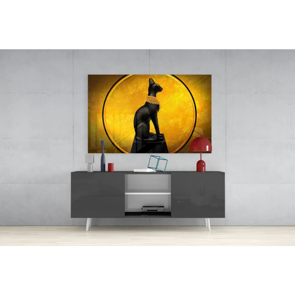 Stunning black Egyptian cat glass wall art with golden halo