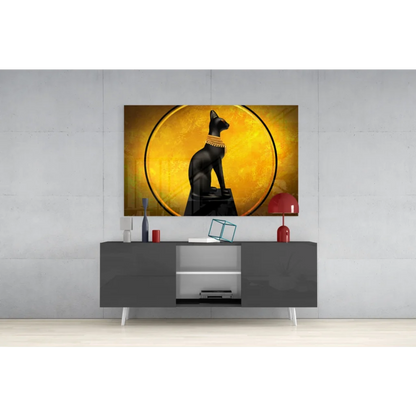 Stunning black Egyptian cat glass wall art with golden halo