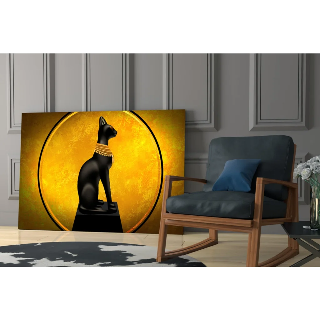 Black cat statue with gold collar on radiant golden halo glass wall art