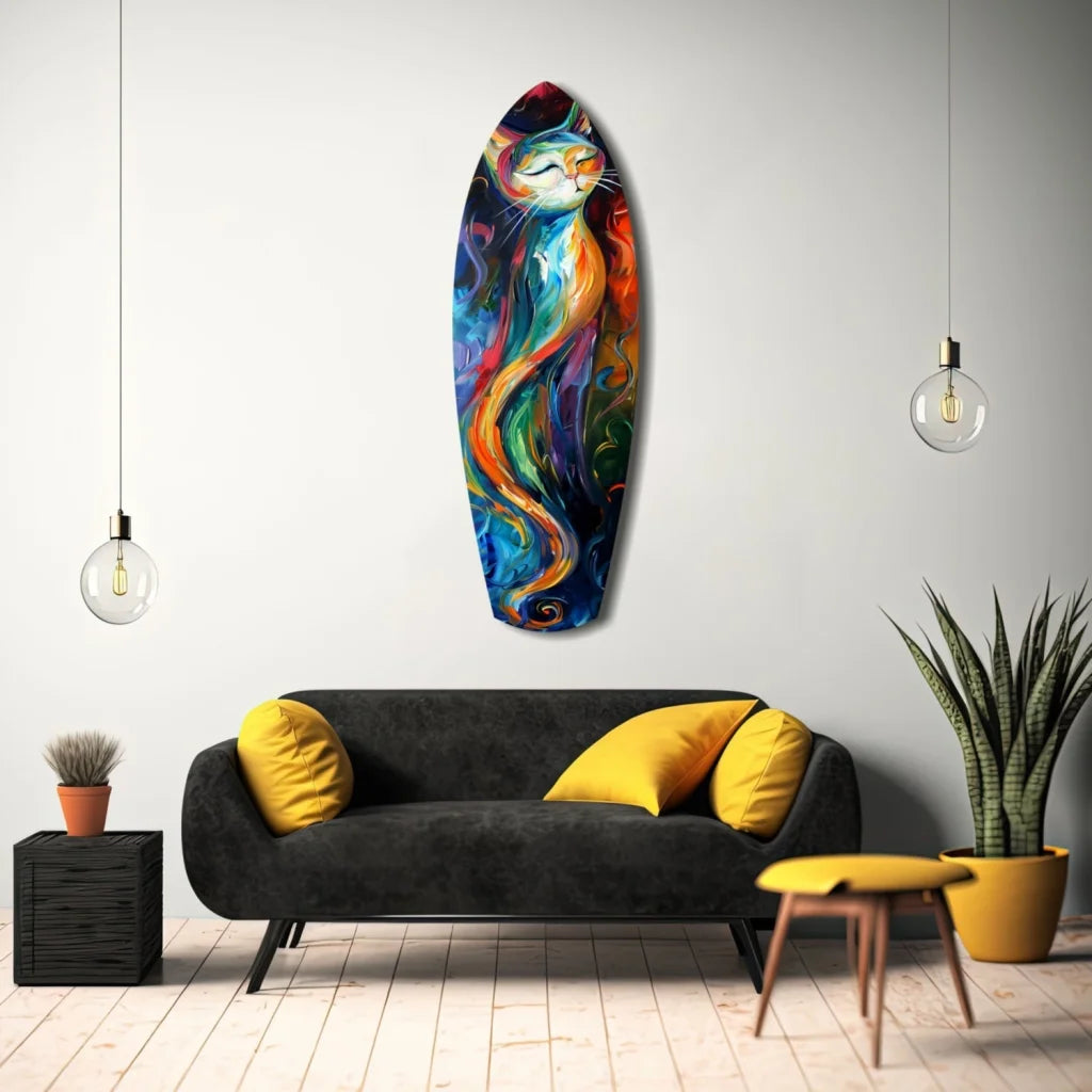 Vibrant colors cat on surfboard tempered glass art above sofa