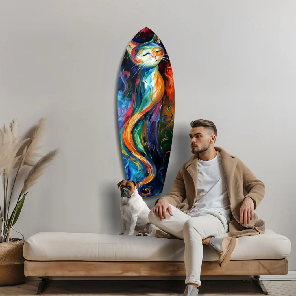 Vibrant colors cat surfboard tempered glass art