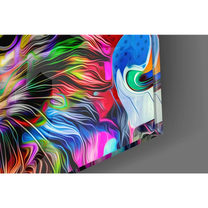 Vibrant glass wall art of abstract acrylic painting with neon swirls and blue-green face