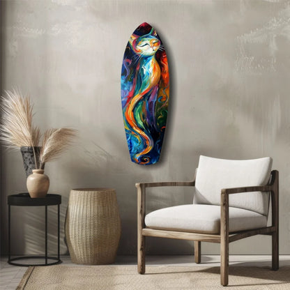 Vibrant cat surfboard tempered glass art with rainbow fur on dark background