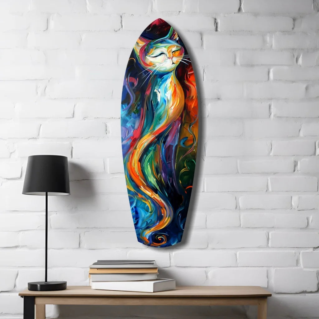 Vibrant colors cat surfboard tempered glass art mural